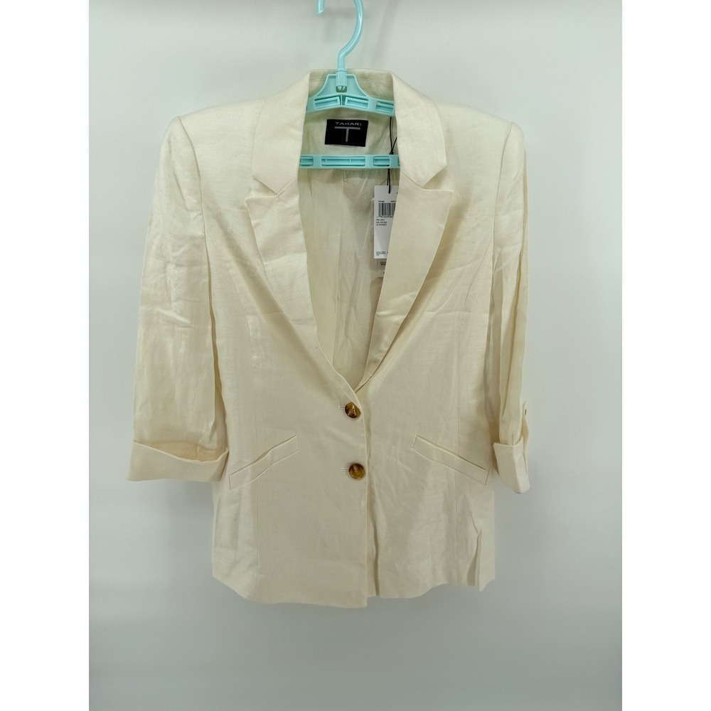 Tahari Women Cream Linen Blend Single Button Blazer Jacket Size 4 Work Casual